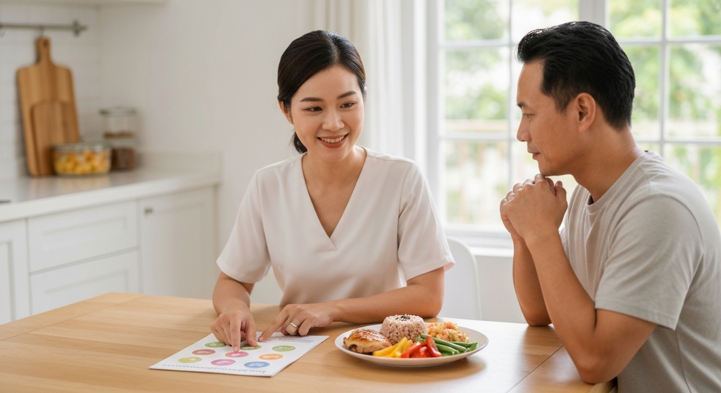 Chuyên gia dinh dưỡng đang tư vấn về một bữa ăn lành mạnh và cân bằng.