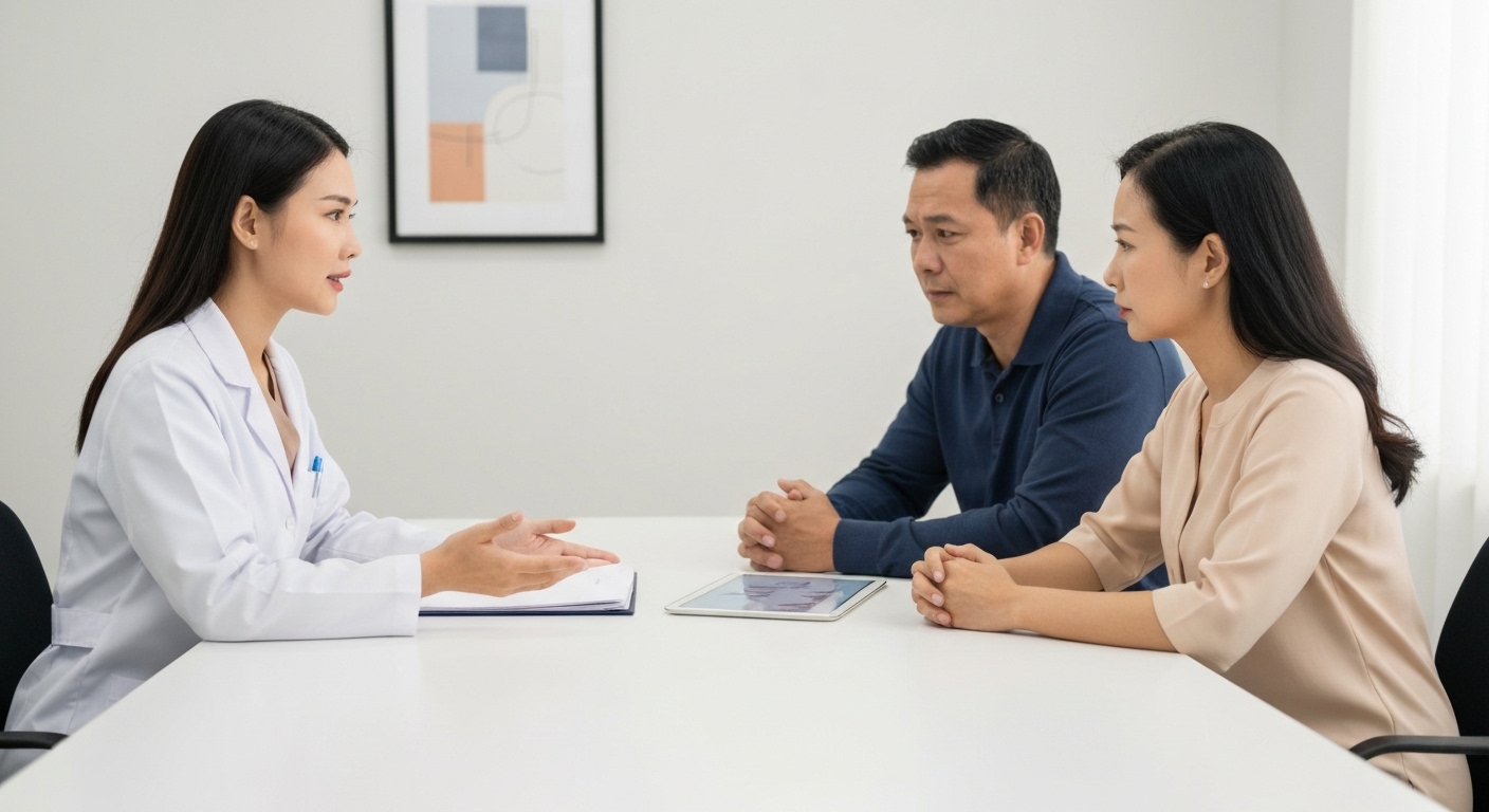 Hình ảnh một gia đình đang thảo luận với chuyên gia y tế về các lựa chọn chăm sóc bệnh nhân