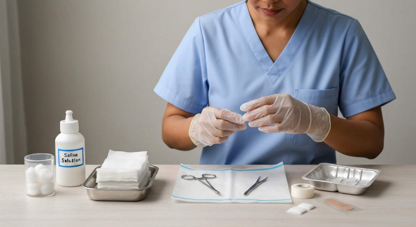 Y tá đeo găng tay vô trùng chuẩn bị dụng cụ thay băng