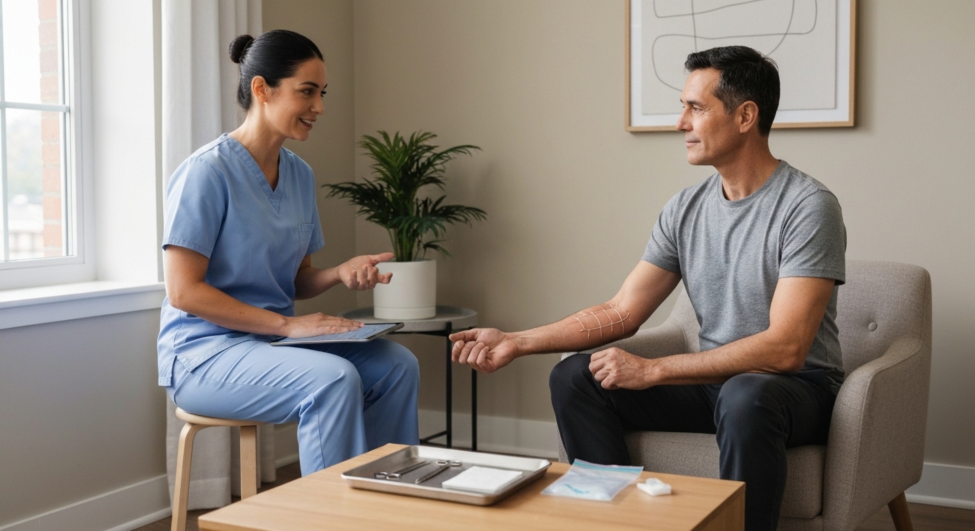 Điều dưỡng viên chuyên nghiệp đang tư vấn và trao đổi thông tin với bệnh nhân tại nhà.