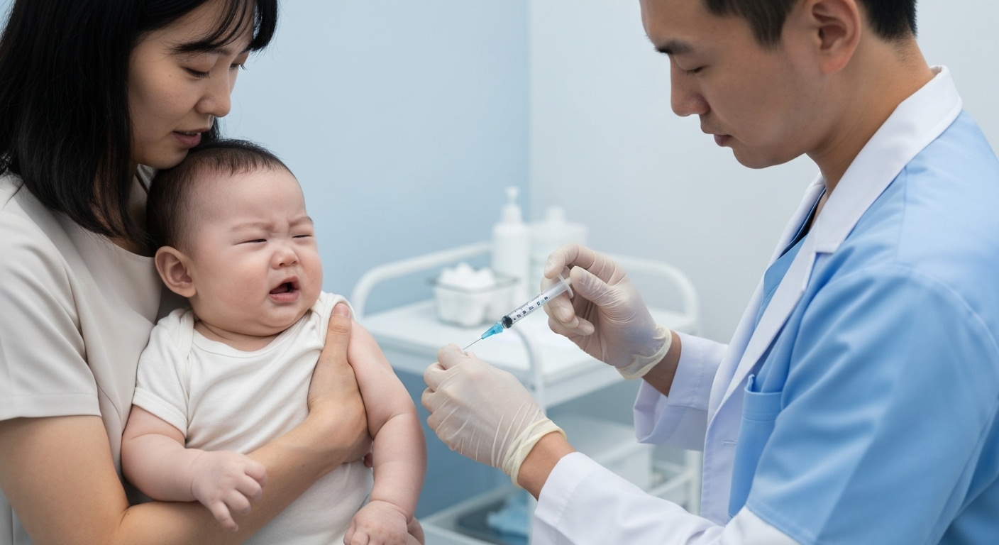 Một em bé đang được tiêm vắc-xin sởi tại phòng khám.