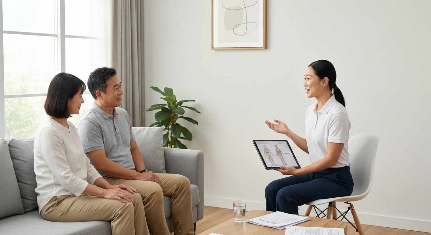 Hình ảnh gia đình đang trò chuyện với chuyên gia vật lý trị liệu tại nhà, thể hiện sự tin tưởng vào dịch vụ chất lượng
