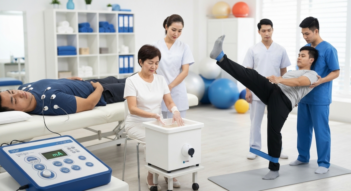 Hình ảnh mô tả các phương pháp vật lý trị liệu đa dạng như liệu pháp điện, nhiệt và tập luyện vận động