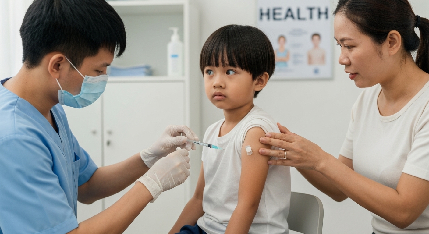 Hình ảnh một trẻ em đang được tiêm vắc xin phòng quai bị.