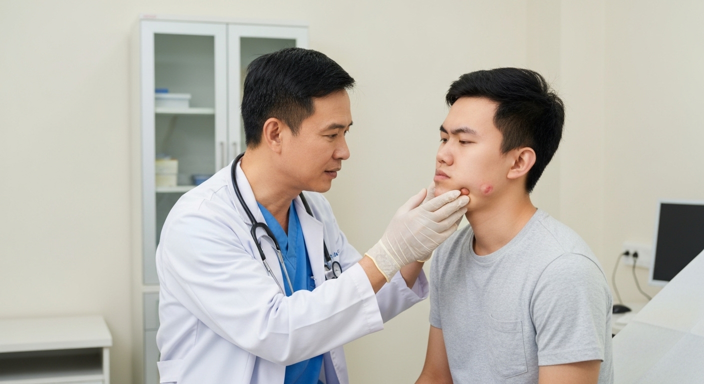 Hình ảnh một bác sĩ đang thăm khám bệnh nhân quai bị tại bệnh viện.