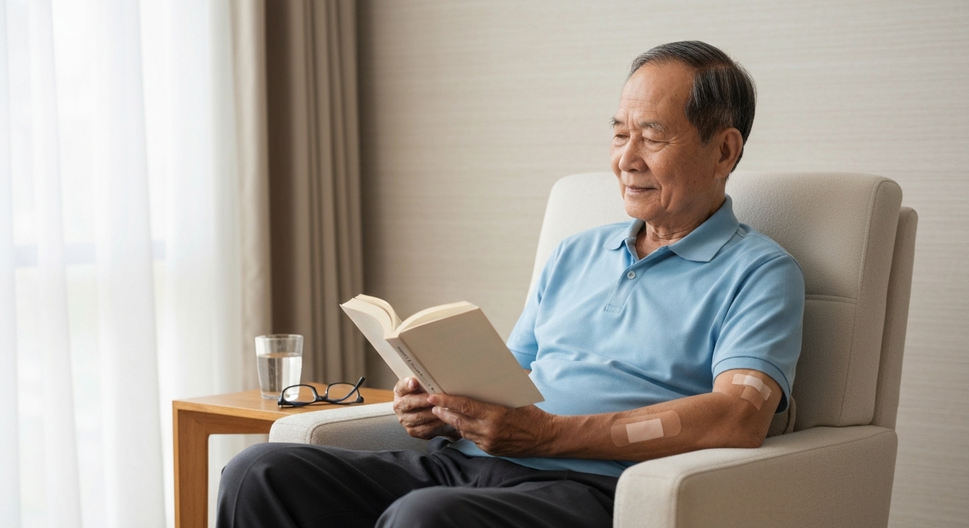 Bệnh nhân cao tuổi đang đọc sách thư giãn tại nhà trong quá trình phục hồi sức khỏe.