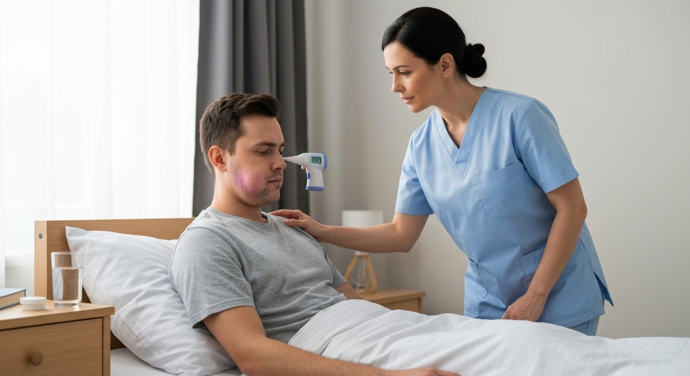 Hình ảnh một điều dưỡng đang chăm sóc bệnh nhân quai bị tại nhà.