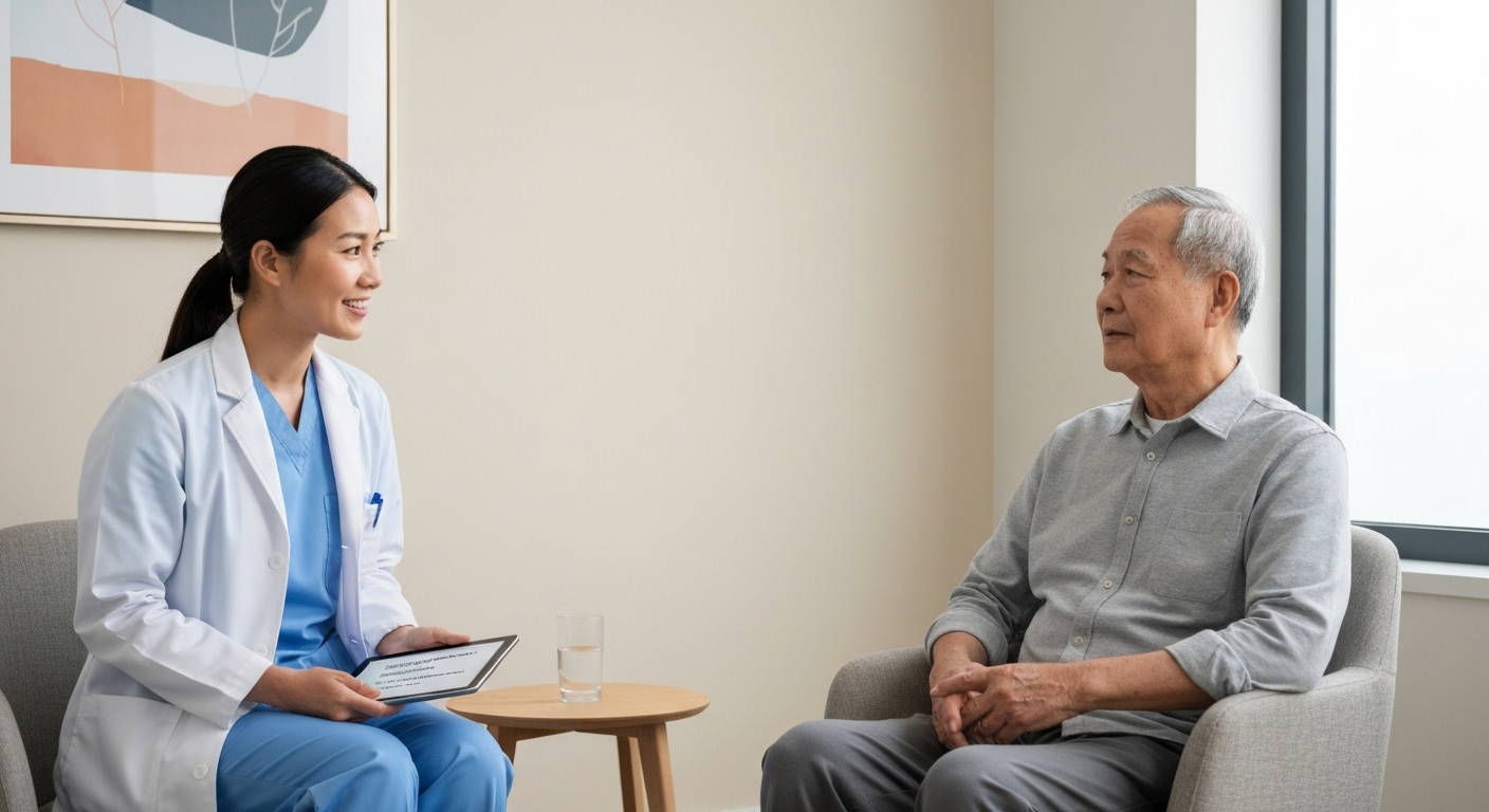 Nhân viên y tế chuyên nghiệp đang trò chuyện với bệnh nhân ung thư