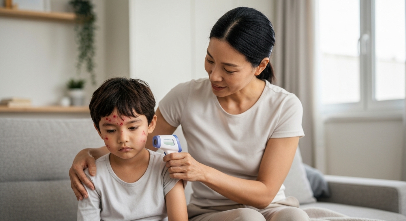 Người lớn đang dùng nhiệt kế để kiểm tra thân nhiệt cho trẻ bị sởi tại nhà.