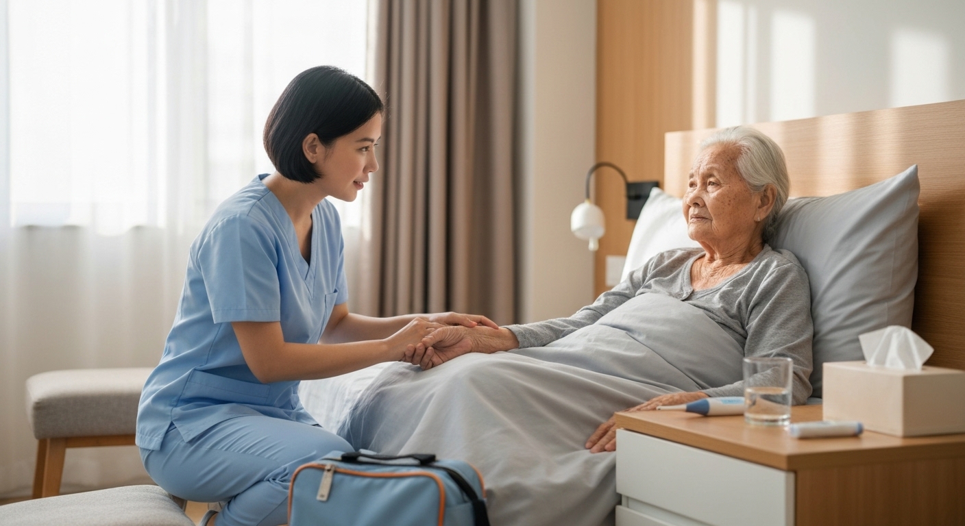 Một nhân viên y tế đang chăm sóc bệnh nhân tại nhà, tượng trưng cho dịch vụ chăm sóc chuyên nghiệp.