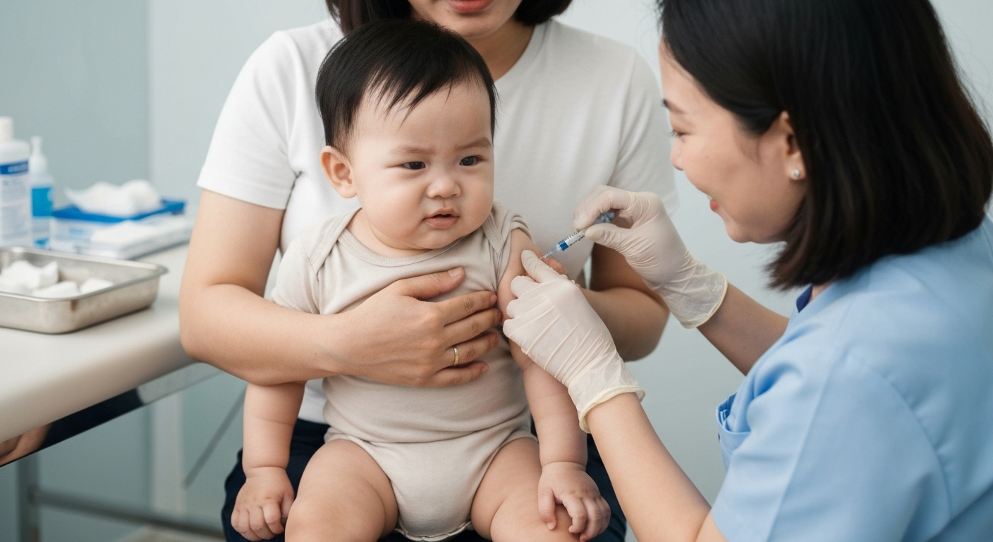 Hình ảnh một em bé đang được tiêm vắc xin MMR