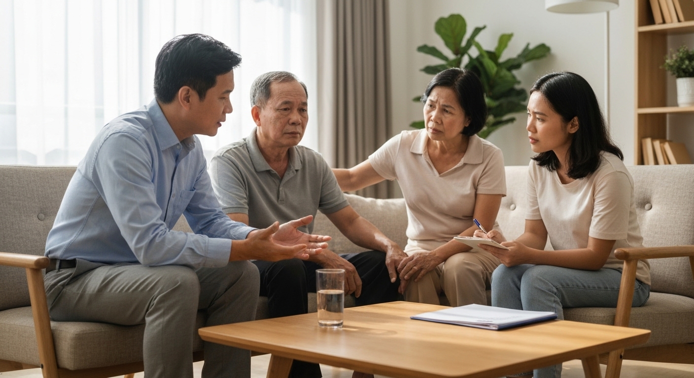 Bác sĩ đang tư vấn và hỗ trợ tinh thần cho người bệnh ung thư gan và gia đình.