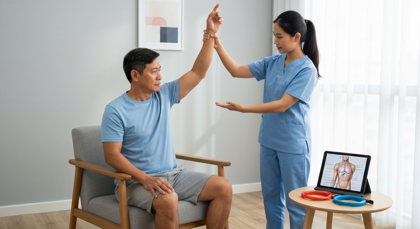 Hình ảnh chuyên gia vật lý trị liệu đang thăm khám và tư vấn cho bệnh nhân tại nhà