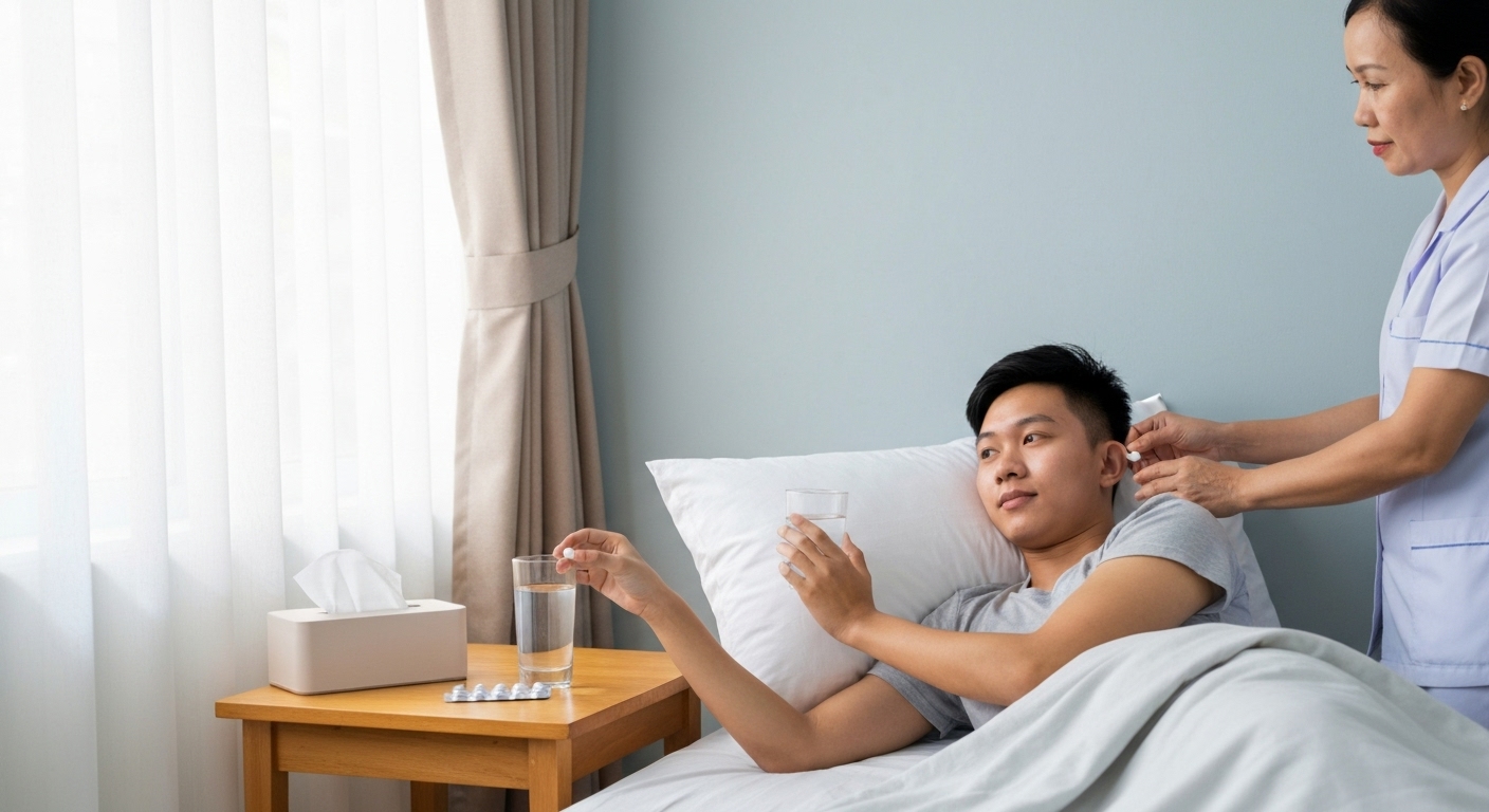 Hình ảnh minh họa các bước chăm sóc bệnh nhân quai bị, bao gồm nghỉ ngơi và uống thuốc.