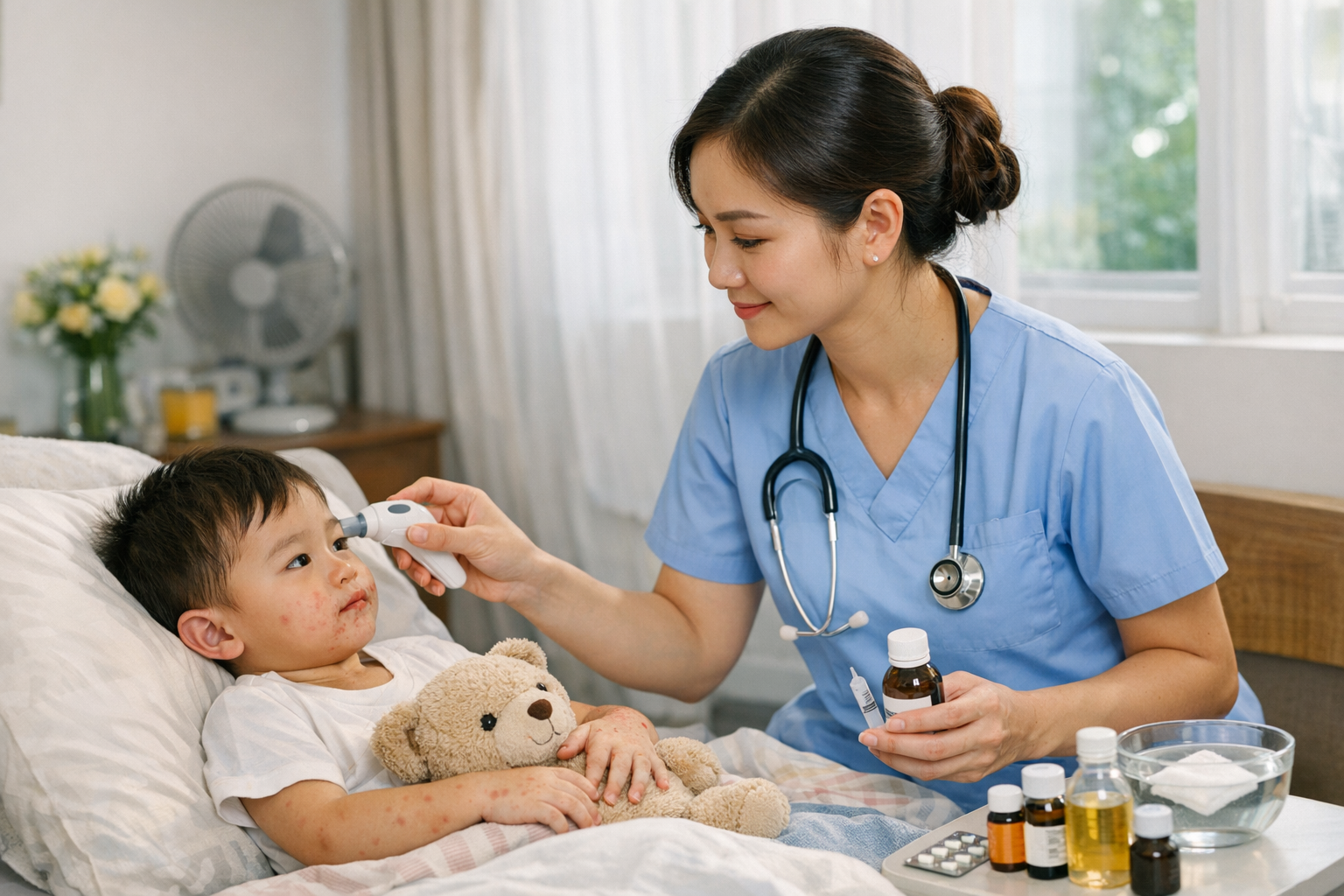 Điều dưỡng viên chuyên nghiệp theo dõi sức khỏe và hỗ trợ chăm sóc cho bé ngay tại nhà.