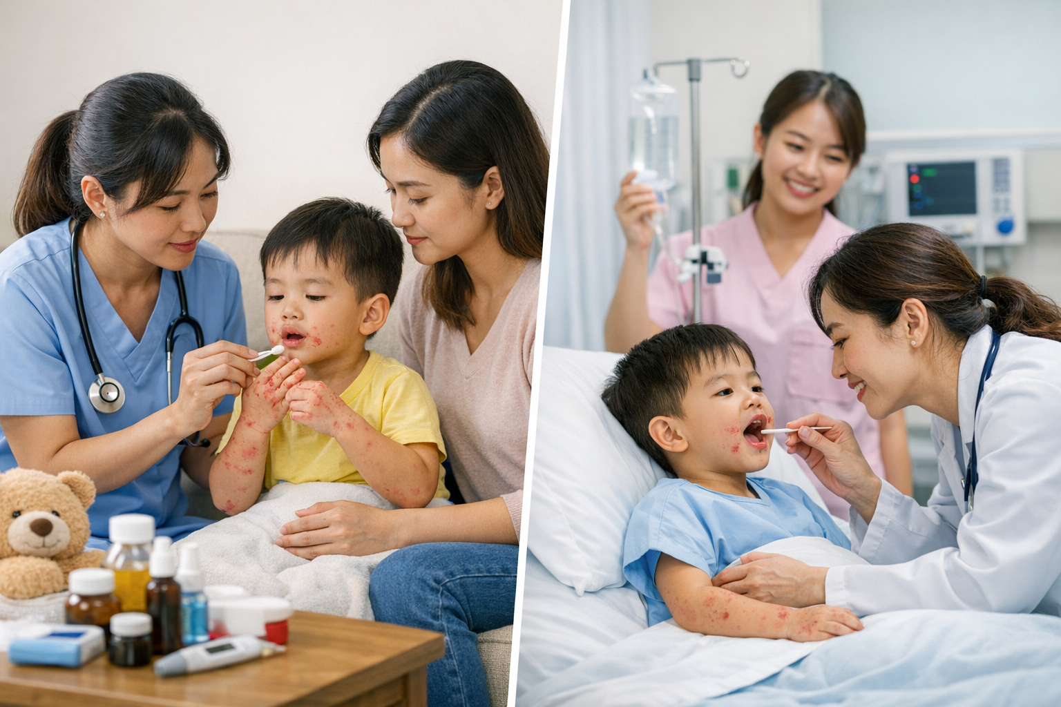 Dịch vụ y tế chuyên nghiệp hỗ trợ chăm sóc trẻ em tại nhà và bệnh viện trong giai đoạn điều trị bệnh.