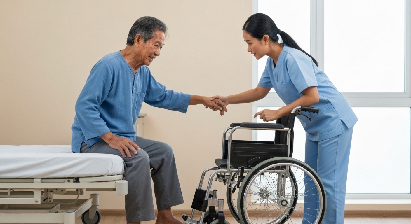 Người chăm sóc đang hỗ trợ bệnh nhân di chuyển từ giường sang xe lăn một cách an toàn.