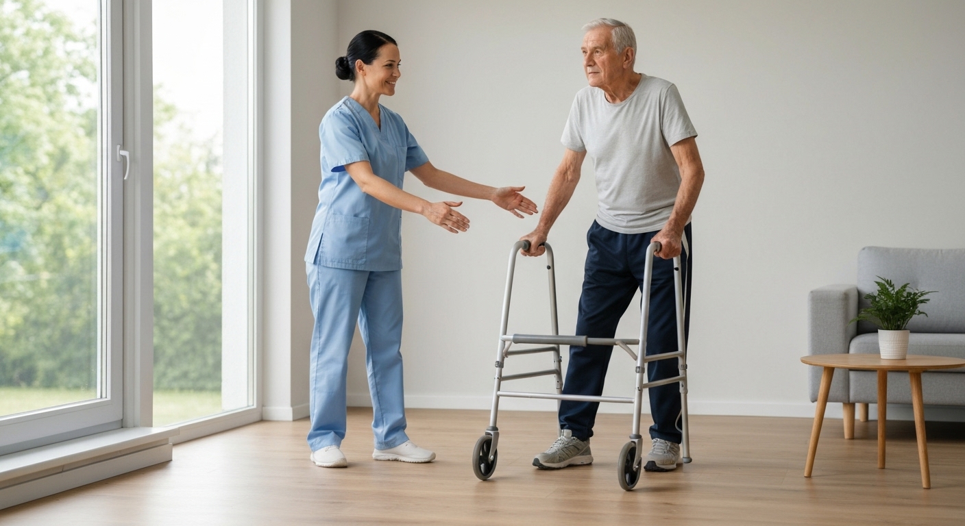 Điều dưỡng chuyên nghiệp hỗ trợ bệnh nhân thực hiện các hoạt động hàng ngày tại nhà.