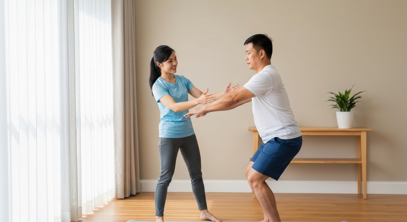 Chuyên gia vật lý trị liệu hướng dẫn bệnh nhân thực hiện các bài tập phục hồi chức năng tại nhà.