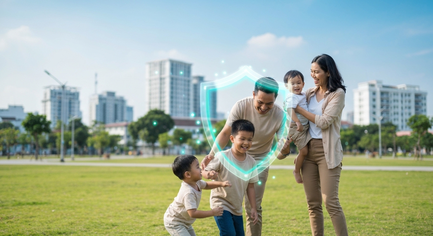 Hình ảnh thể hiện các lợi ích của sức khỏe cộng đồng, với biểu tượng lá chắn bảo vệ, gia đình hạnh phúc và tăng trưởng kinh tế.