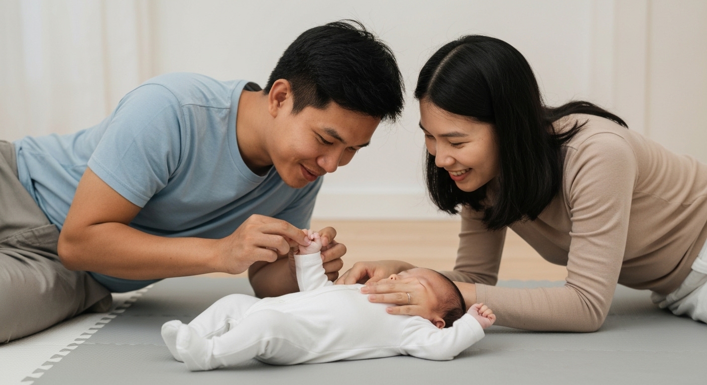 Cha mẹ đang chơi đùa và gắn kết với trẻ sơ sinh của mình