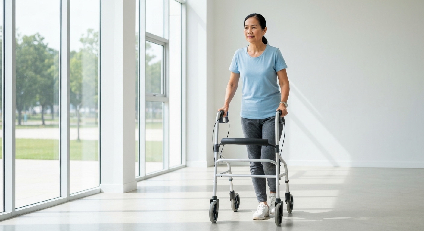 Người bệnh tập đi bộ nhẹ nhàng với khung tập để phục hồi và cải thiện sức khỏe.