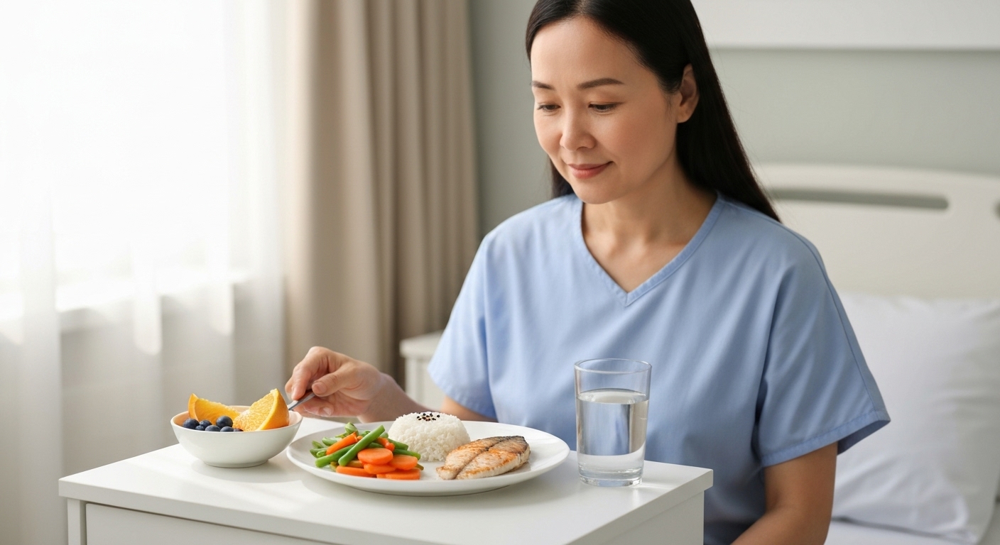 Bệnh nhân đang ăn bữa ăn lành mạnh và cân bằng, minh họa chế độ dinh dưỡng phù hợp.