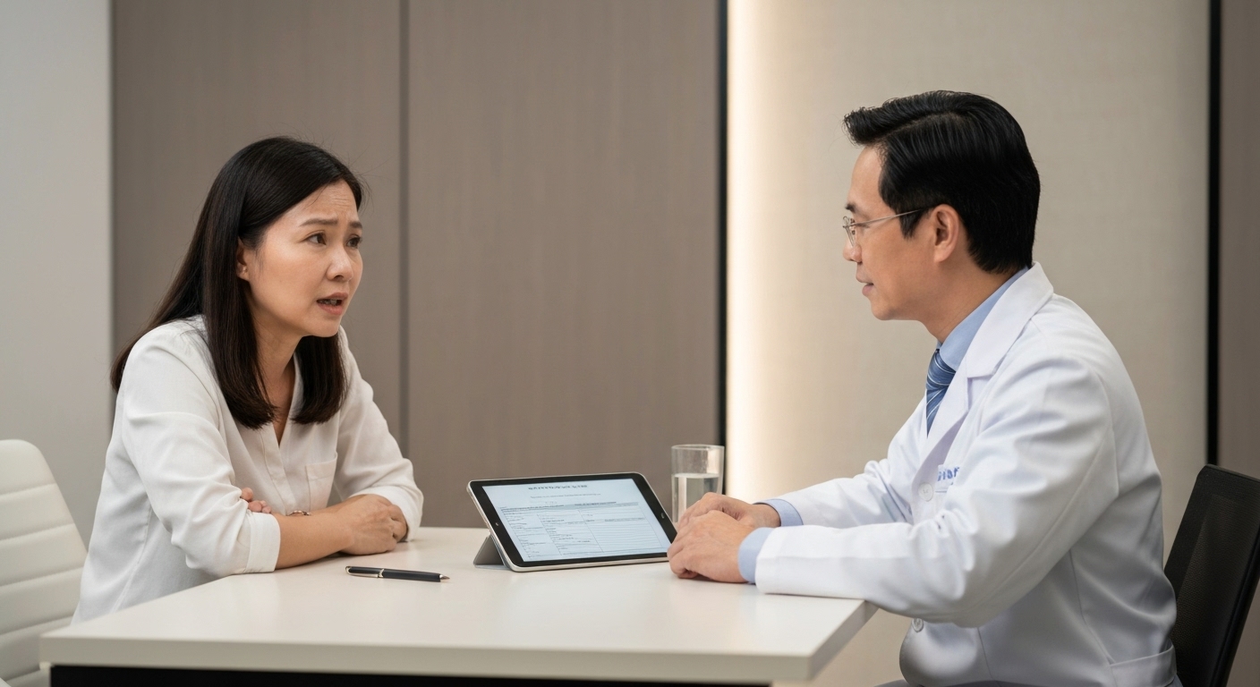 Một người đang nói chuyện với bác sĩ về vấn đề giấc ngủ của mình, biểu thị khi nào cần tìm sự hỗ trợ chuyên môn.