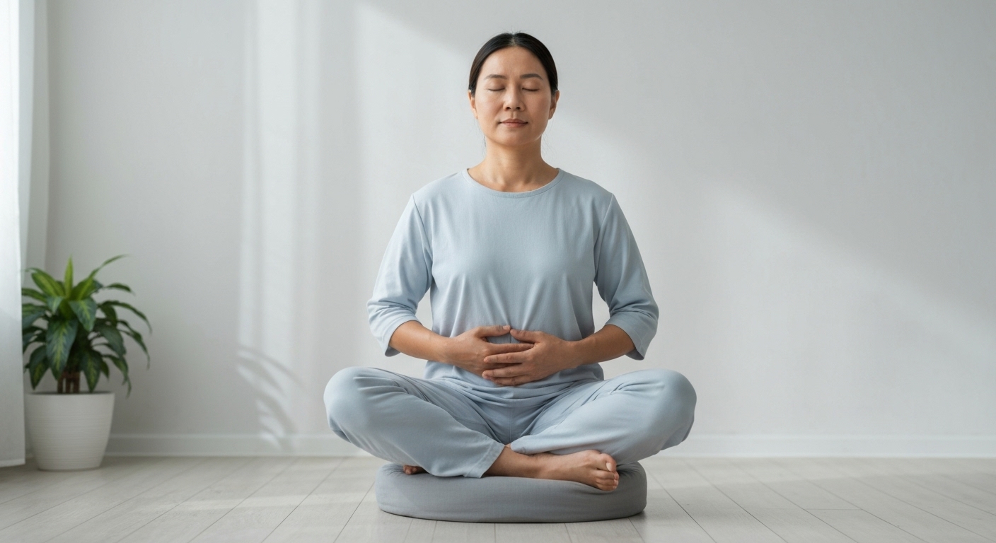 Một bệnh nhân đang thiền định thư giãn, tay đặt trên bụng, tượng trưng cho sự giảm căng thẳng và quản lý đau