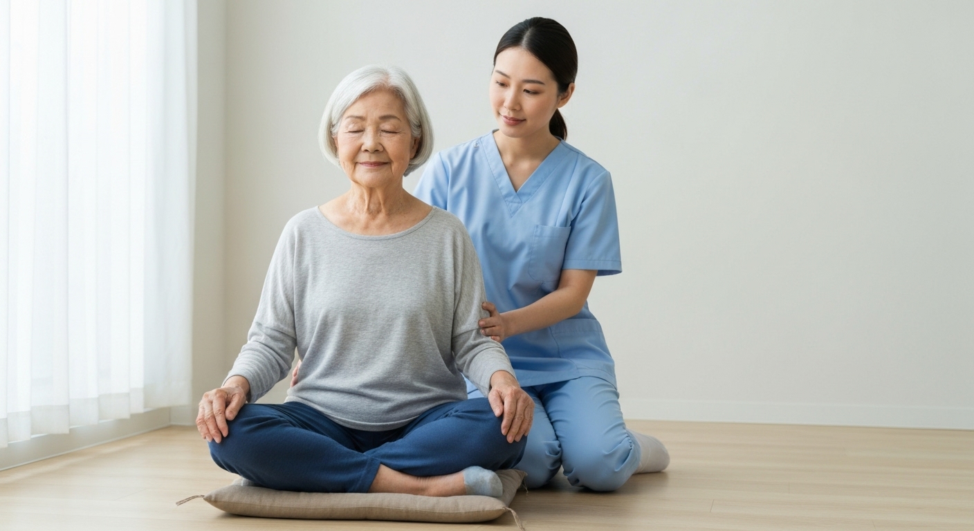 Bệnh nhân cao tuổi đang thực hành thiền định với sự hỗ trợ của điều dưỡng viên