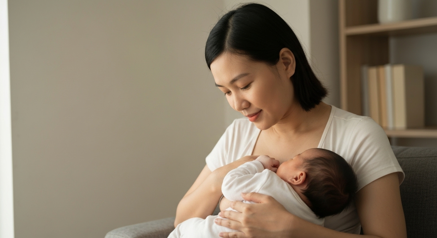 Bà mẹ đang nuôi con bằng sữa mẹ một cách yêu thương