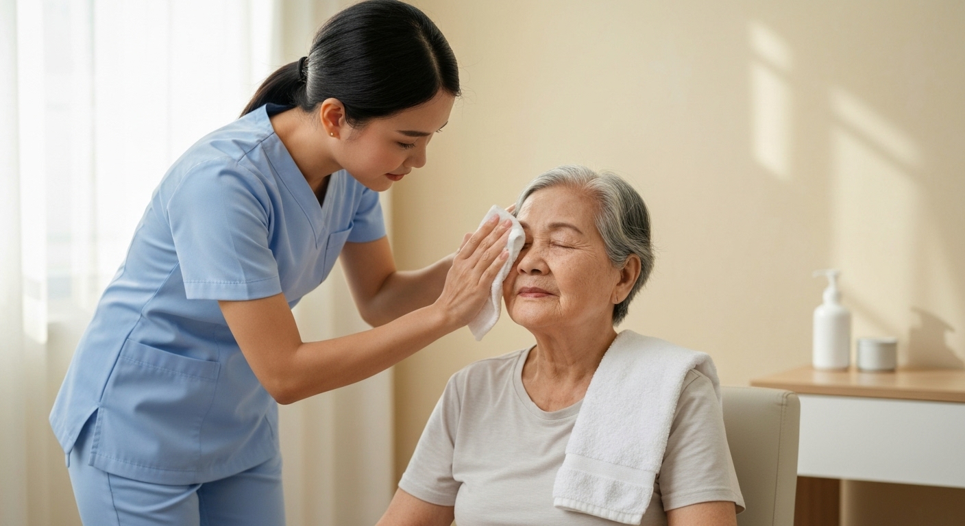 Người điều dưỡng đang giúp người cao tuổi rửa mặt, minh họa việc chăm sóc vệ sinh cá nhân cho người già.