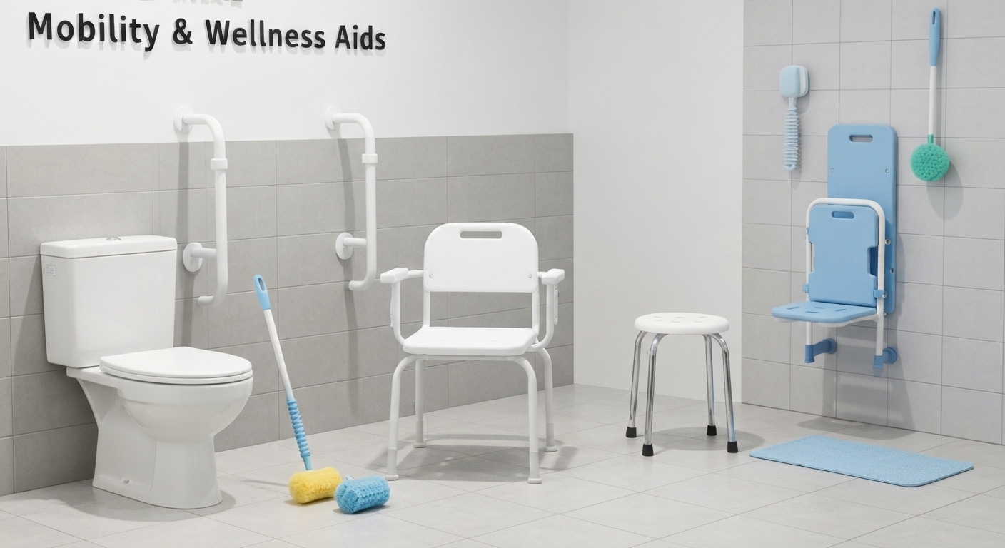 Nhiều loại thiết bị hỗ trợ vệ sinh cá nhân như ghế tắm, tay vịn toilet, được trưng bày để giúp người bệnh và người già.