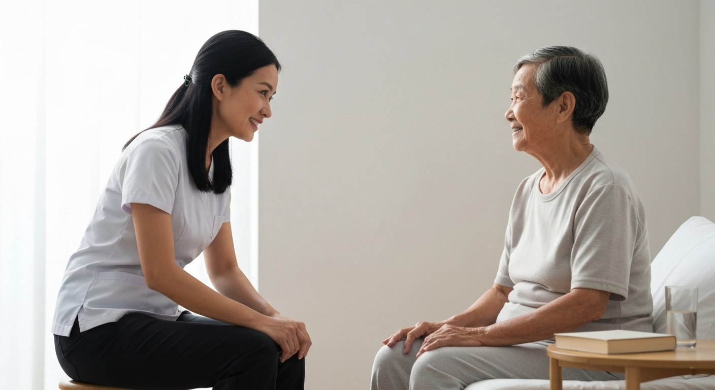 Người chăm sóc và bệnh nhân đang trò chuyện thân mật, minh họa giao tiếp hiệu quả và hỗ trợ tinh thần.