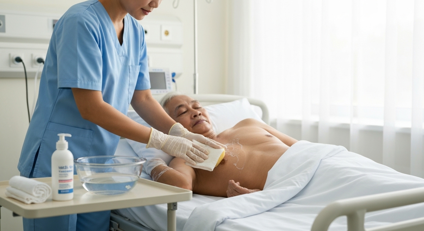Người điều dưỡng đang giúp bệnh nhân nằm trên giường tắm rửa, tập trung vào việc chăm sóc da cho bệnh nhân nằm lâu.