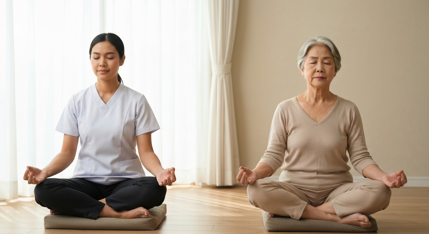 Điều dưỡng viên đang hướng dẫn bệnh nhân thực hành thiền định tại nhà