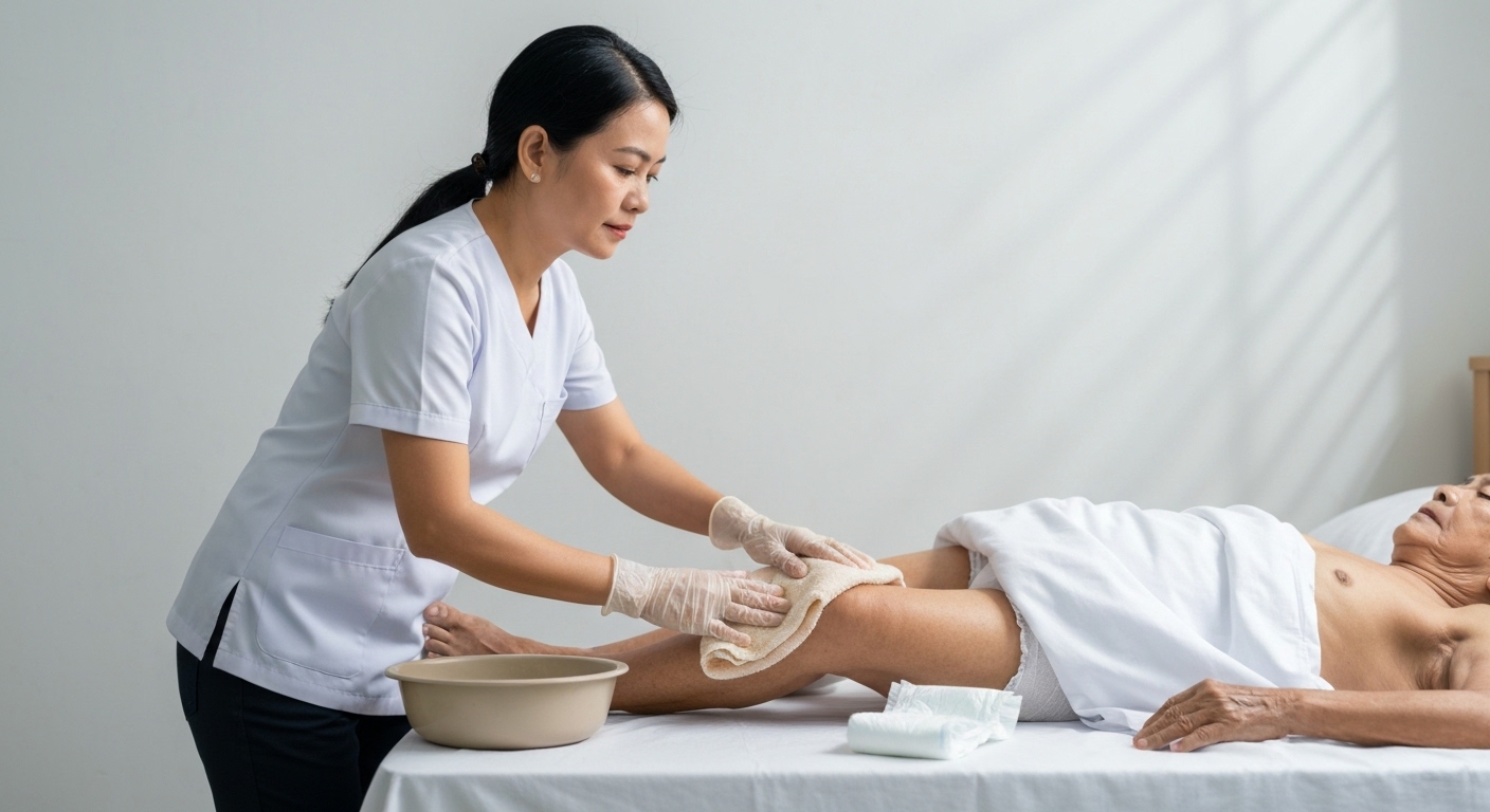Người chăm sóc đang giúp bệnh nhân vệ sinh vùng kín và thay tã, đảm bảo quản lý bài tiết hiệu quả.