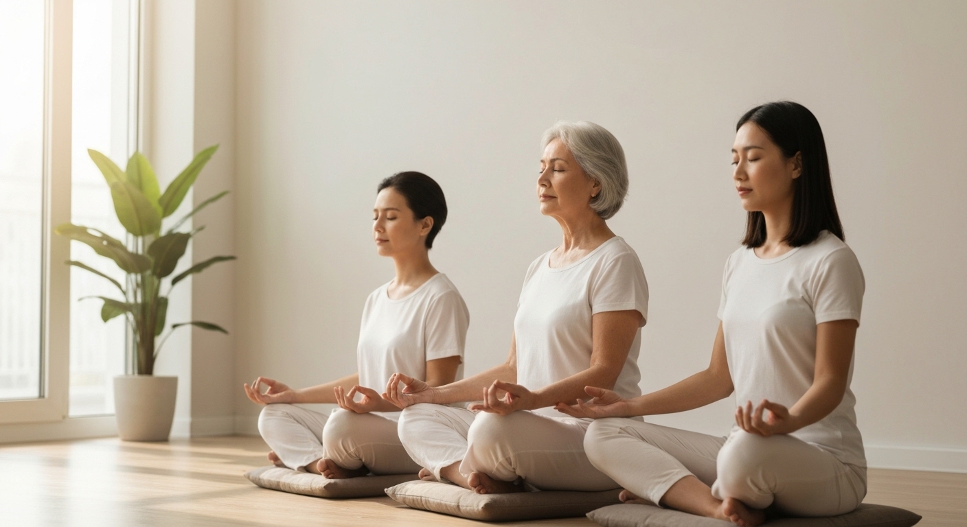 Bệnh nhân và người thân đang thiền định cùng nhau, thể hiện sự nâng cao chất lượng cuộc sống