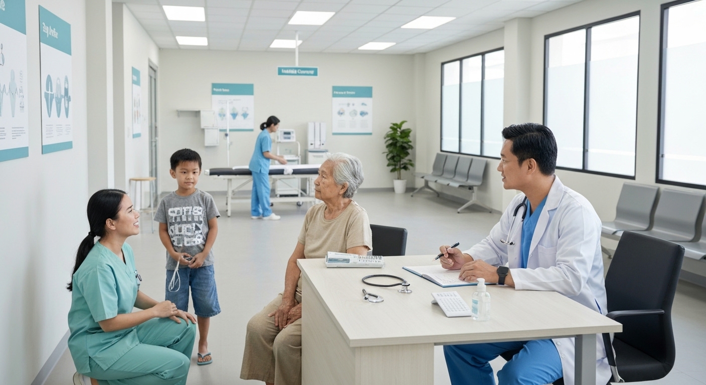 Hình ảnh mô tả mô hình y tế cơ sở với các bác sĩ, y tá chăm sóc người dân trong một phòng khám cộng đồng.