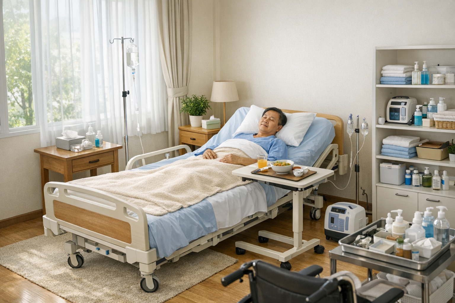 Một phòng chăm sóc bệnh nhân tại gia đình được dọn dẹp sạch sẽ, thoáng mát với đầy đủ ánh sáng tự nhiên