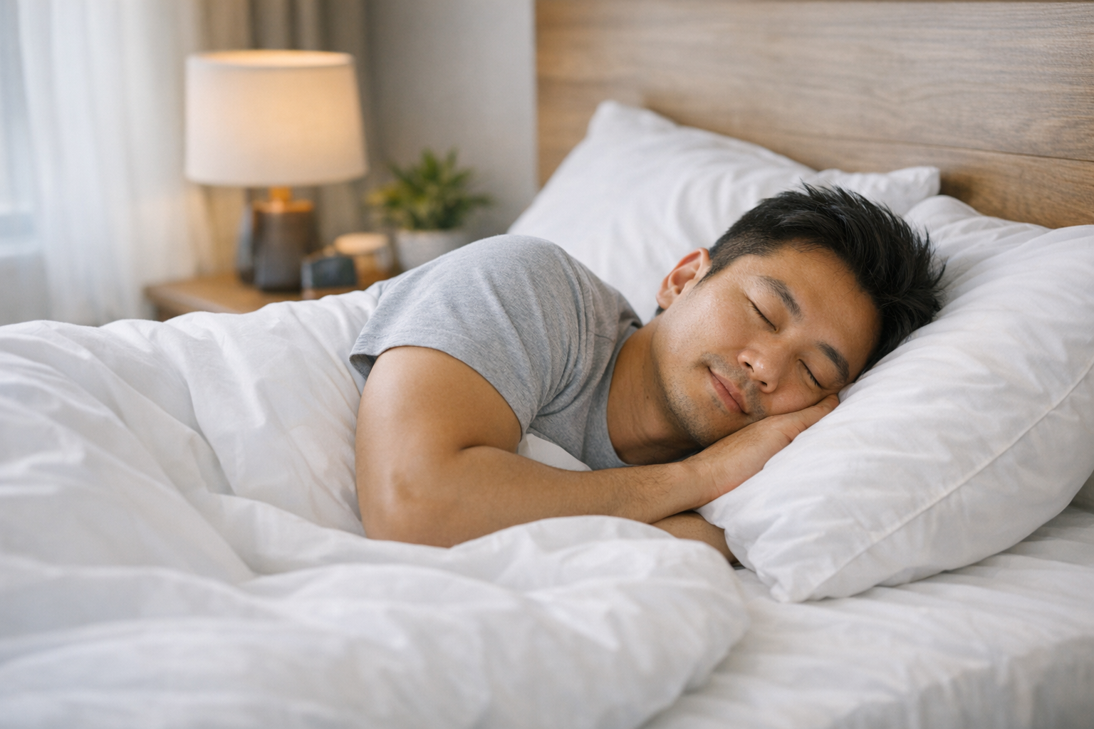 Hình ảnh một người đang ngủ sâu và thoải mái trên chiếc giường sạch sẽ, thể hiện giấc ngủ chất lượng.