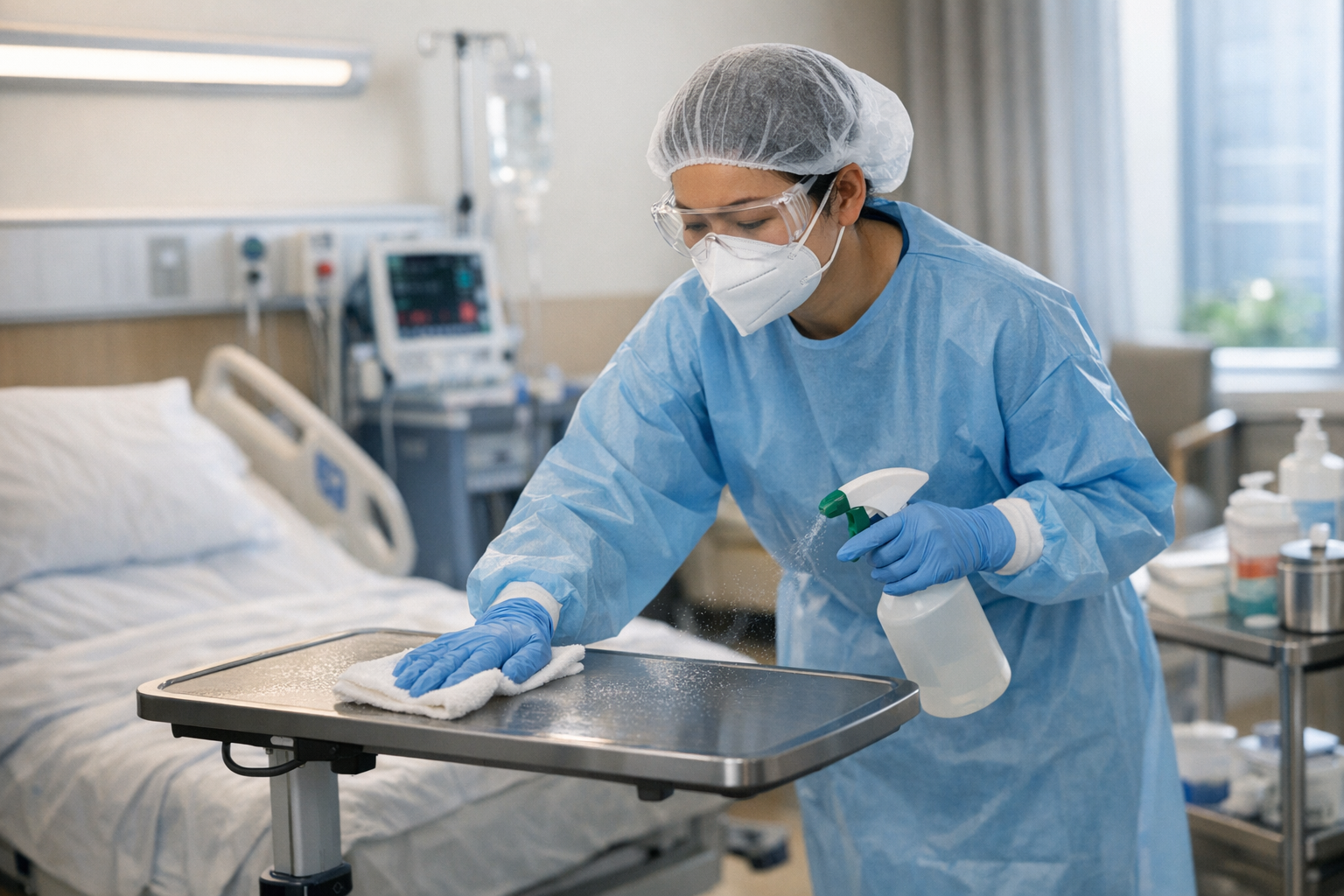 Nhân viên y tế đang thực hiện khử khuẩn các bề mặt trong phòng bệnh hiện đại