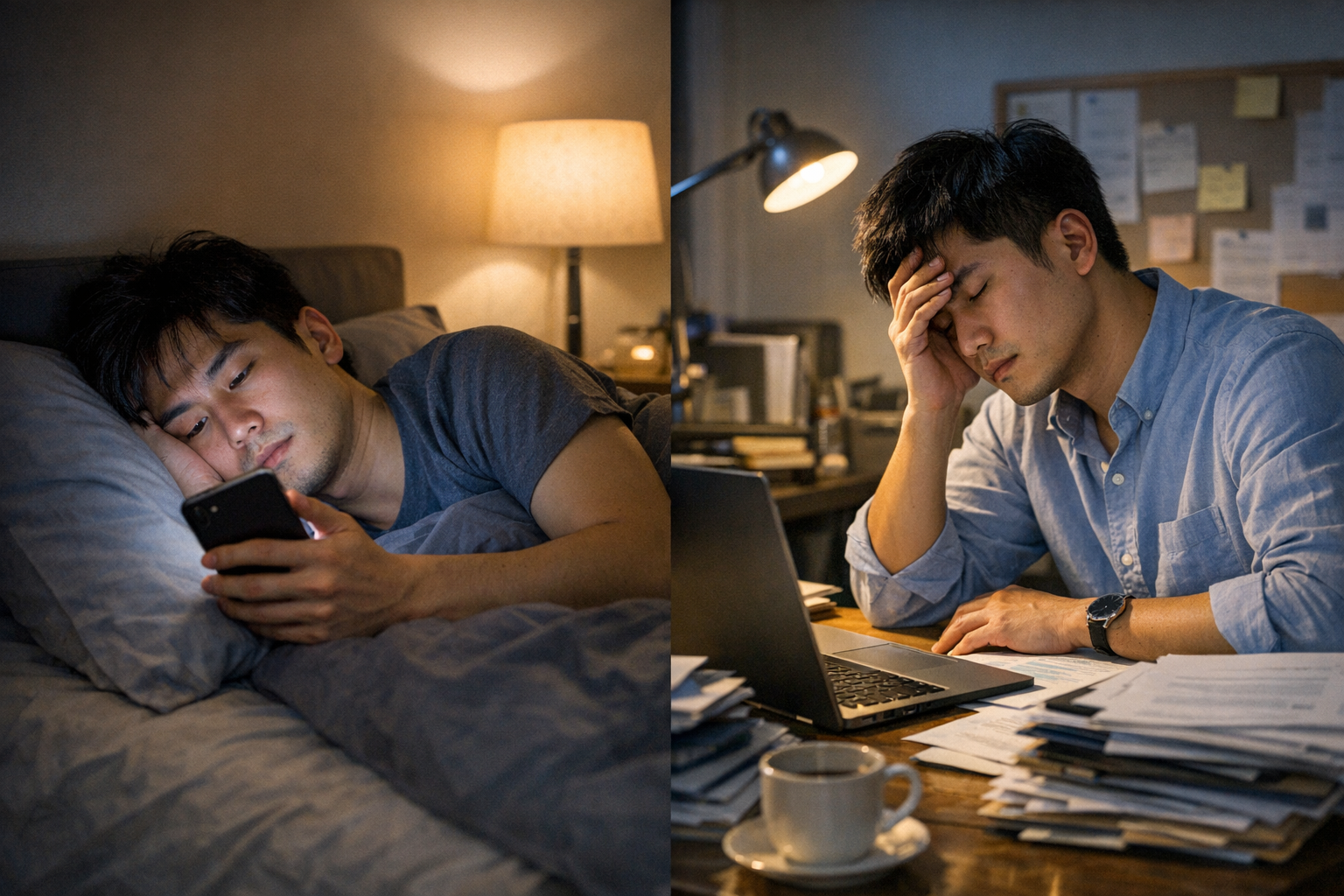 Minh họa các yếu tố gây mất ngủ như sử dụng điện thoại ban đêm và áp lực công việc khiến người trẻ khó vào giấc.