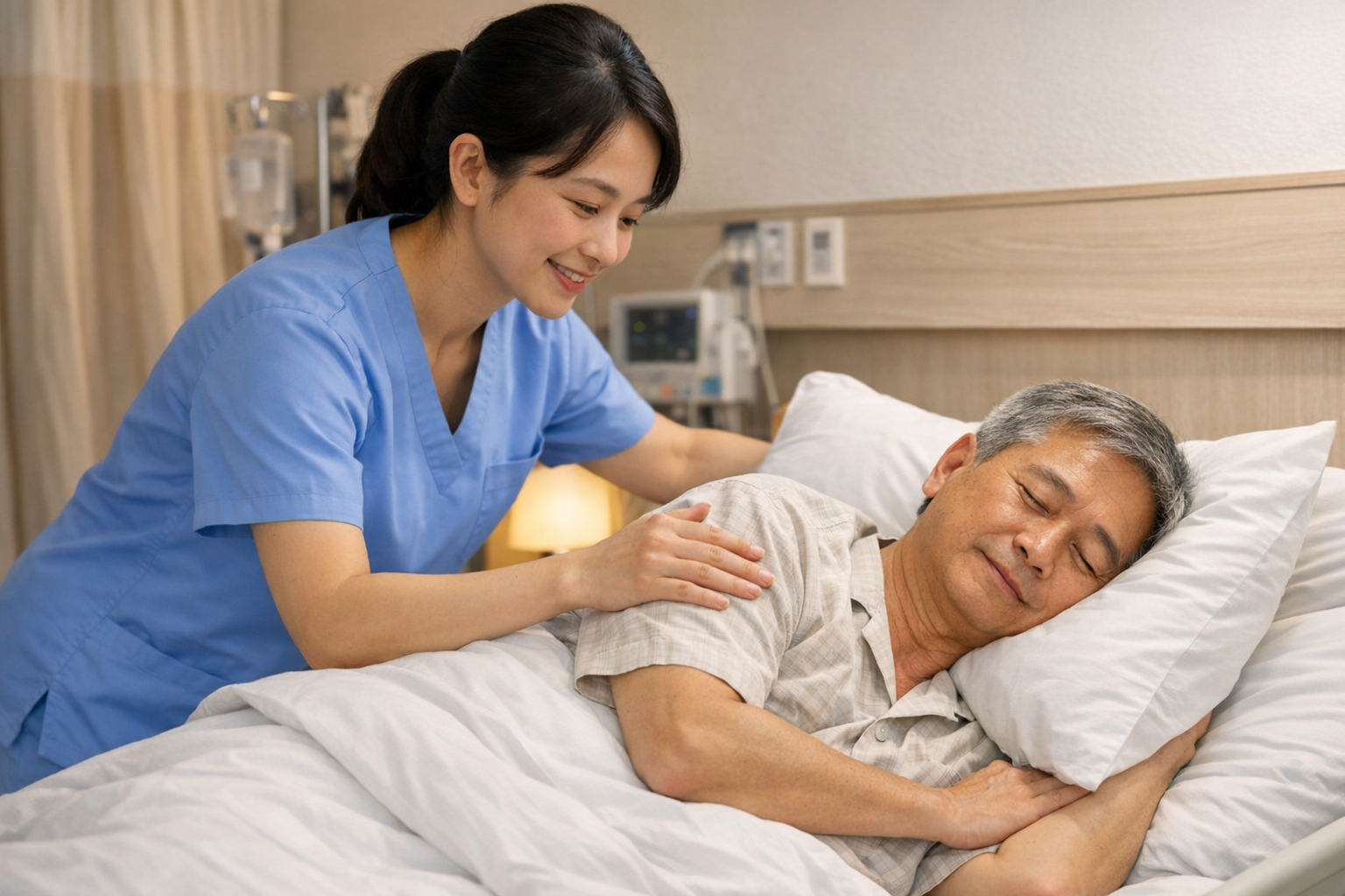 Nhân viên điều dưỡng đang hỗ trợ bệnh nhân thay đổi tư thế nằm thoải mái để chuẩn bị cho giấc ngủ đêm.