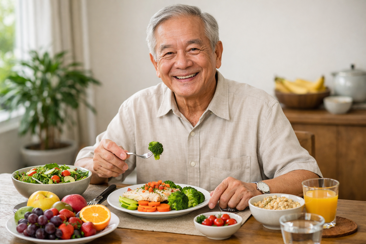 Người cao tuổi đang mỉm cười bên bữa ăn lành mạnh đầy đủ rau xanh và trái cây