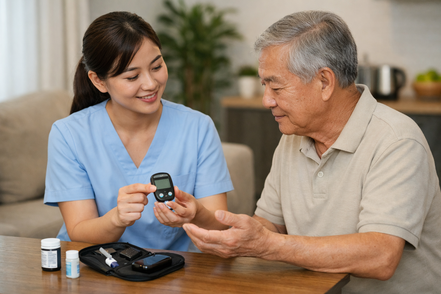 Điều dưỡng đang hướng dẫn người bệnh cách sử dụng máy đo đường huyết cá nhân tại nhà