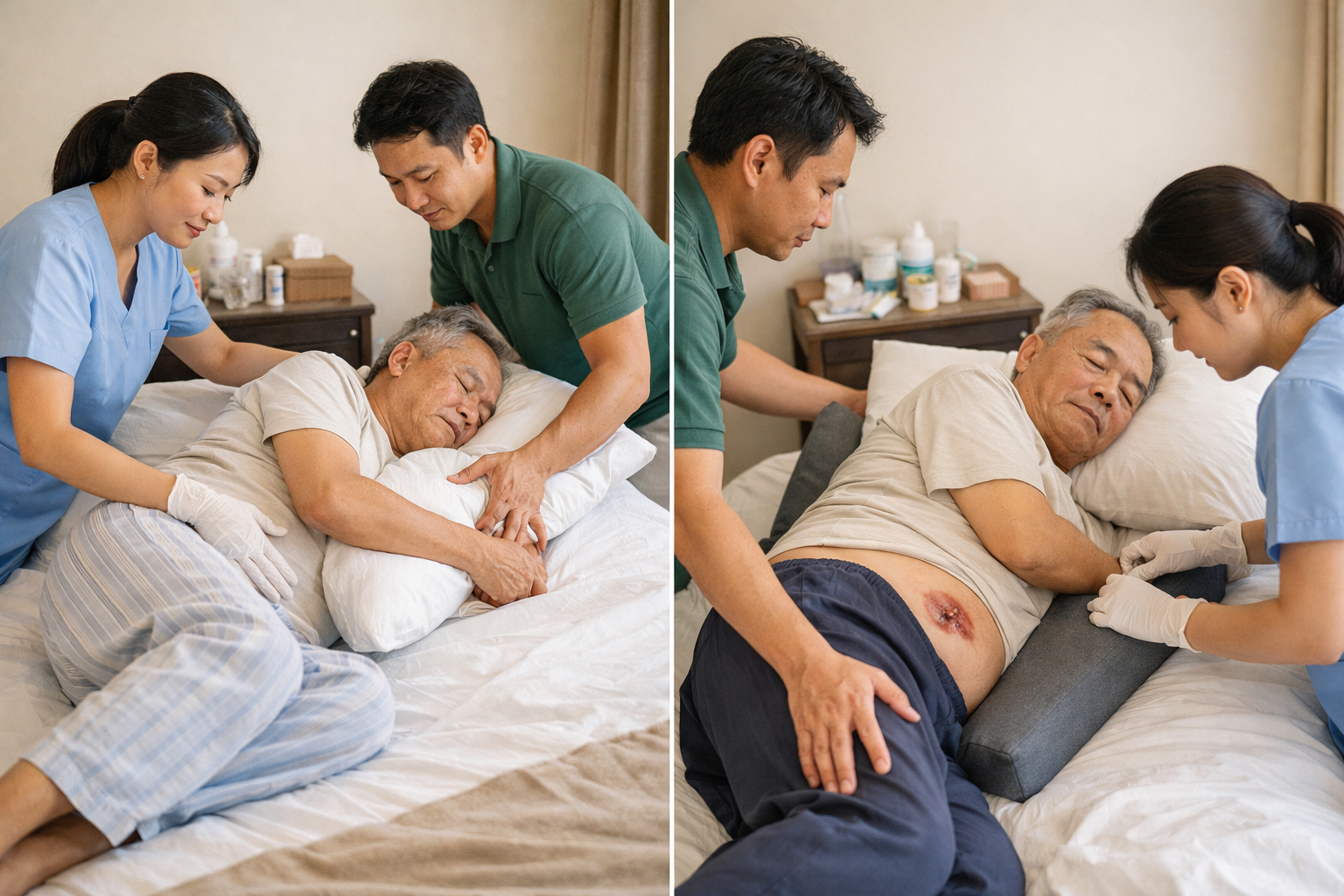 Hướng dẫn tư thế nằm và xoay trở bệnh nhân để phòng ngừa loét ép tái phát