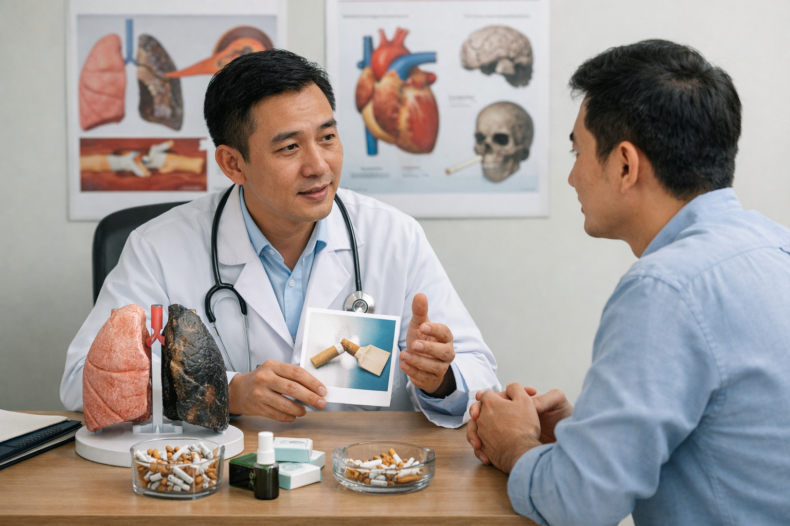 Bác sĩ đang tư vấn cho bệnh nhân về các phương pháp cai thuốc lá an toàn