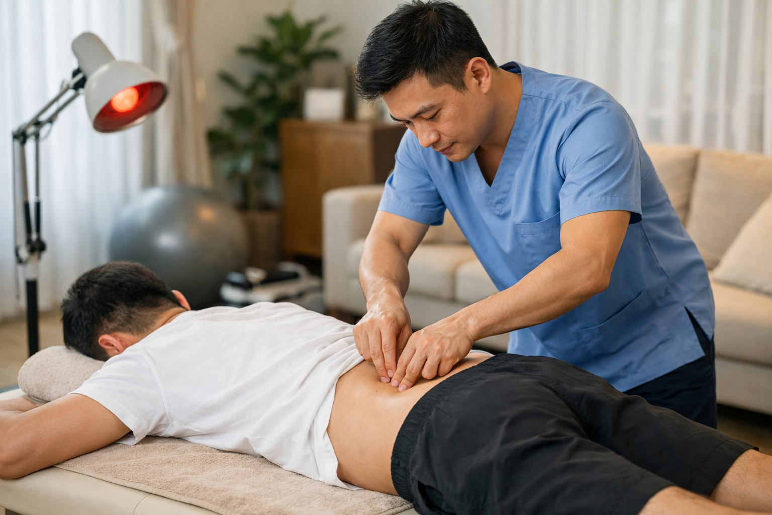 Kỹ thuật viên vật lý trị liệu thực hiện thao tác xoa bóp bấm huyệt điều trị đau lưng cho bệnh nhân