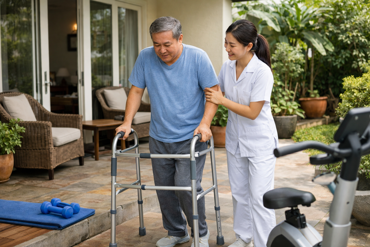 Bệnh nhân đang tập đi với sự hỗ trợ của khung tập đi và kỹ thuật viên y tế tại sân nhà